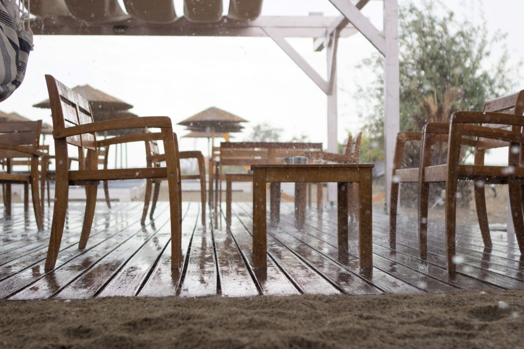 Rain at a beach bar during monsoon season.